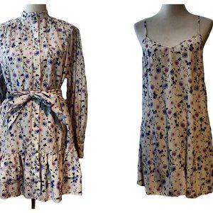 The Kooples Paris Womens Floral L/S Button Ruffles Mock Neck W/Slip Dress Set 4